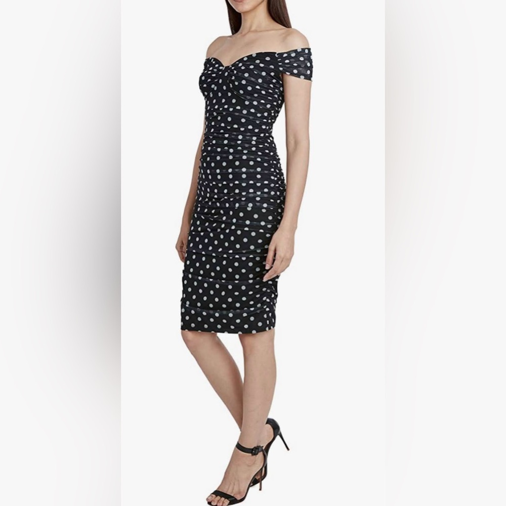 BCBGMaxAzria off the shoulder black and white polka dot dress
